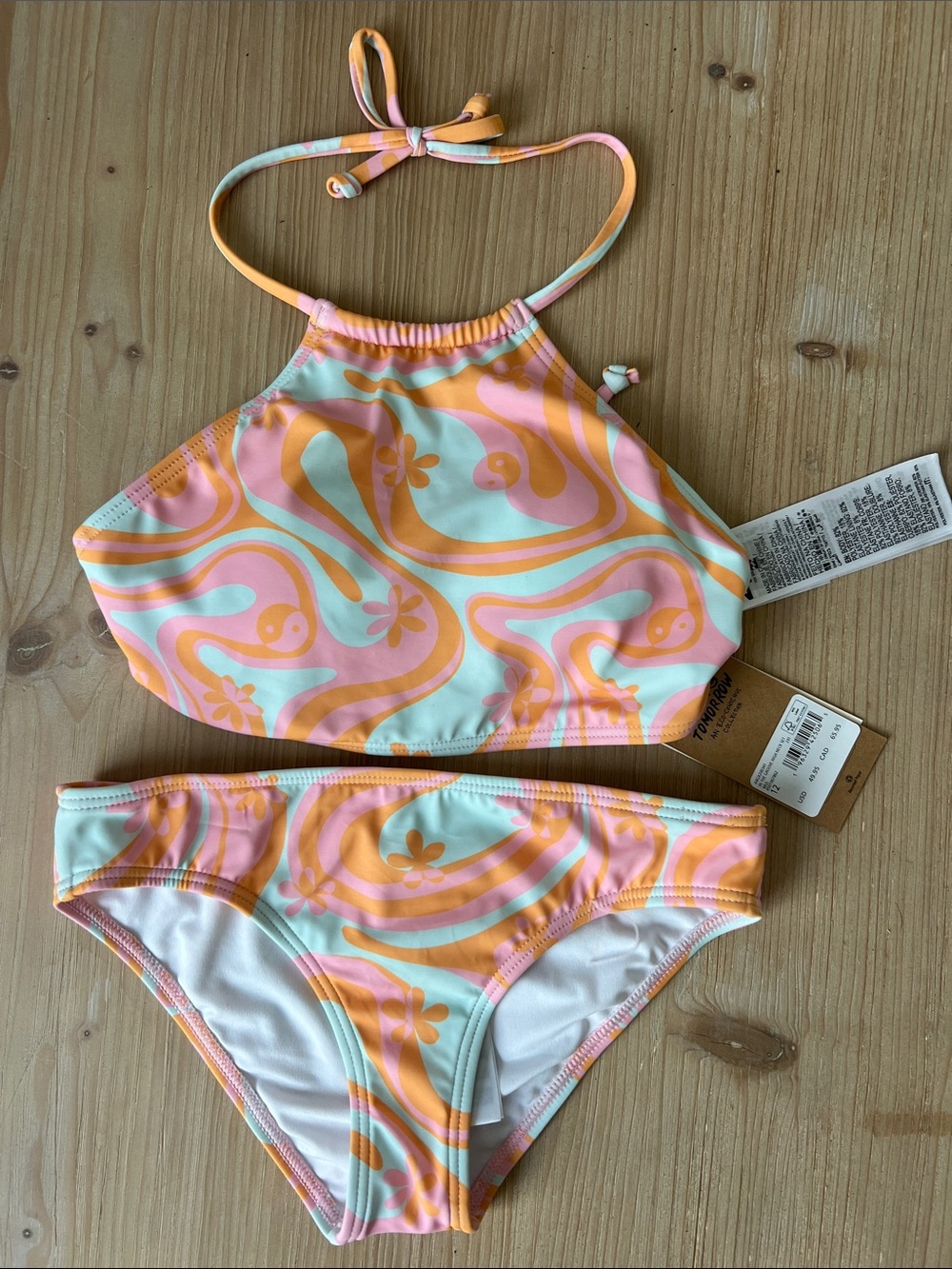 Girls' High-Neck Swim Bikini in Peach, Pink & Mint Swirl in the groove peace set